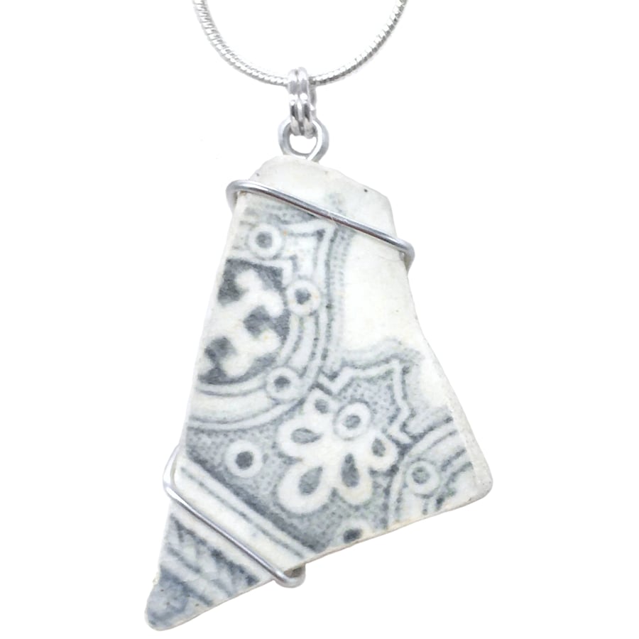 Grey Beach Pottery China Pendant Necklace. Wire Wrapped Scottish Jewellery UK