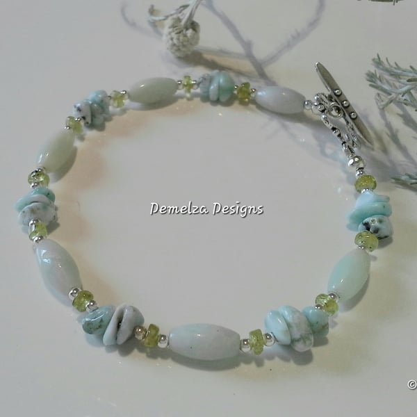 Amazonite, Larimar & Peridot Tibetan & Sterling Silver Bracelet (Meduim)