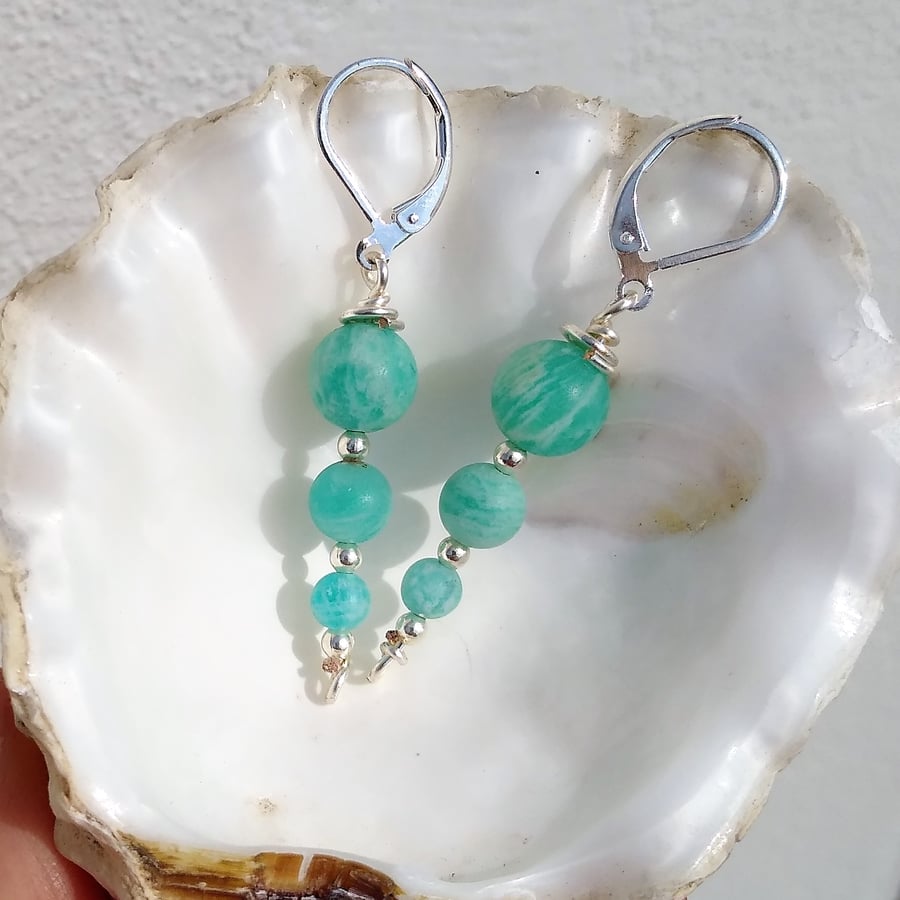 Amazonite Semi Precious Gemstone Three Bead Drop Silver Earring