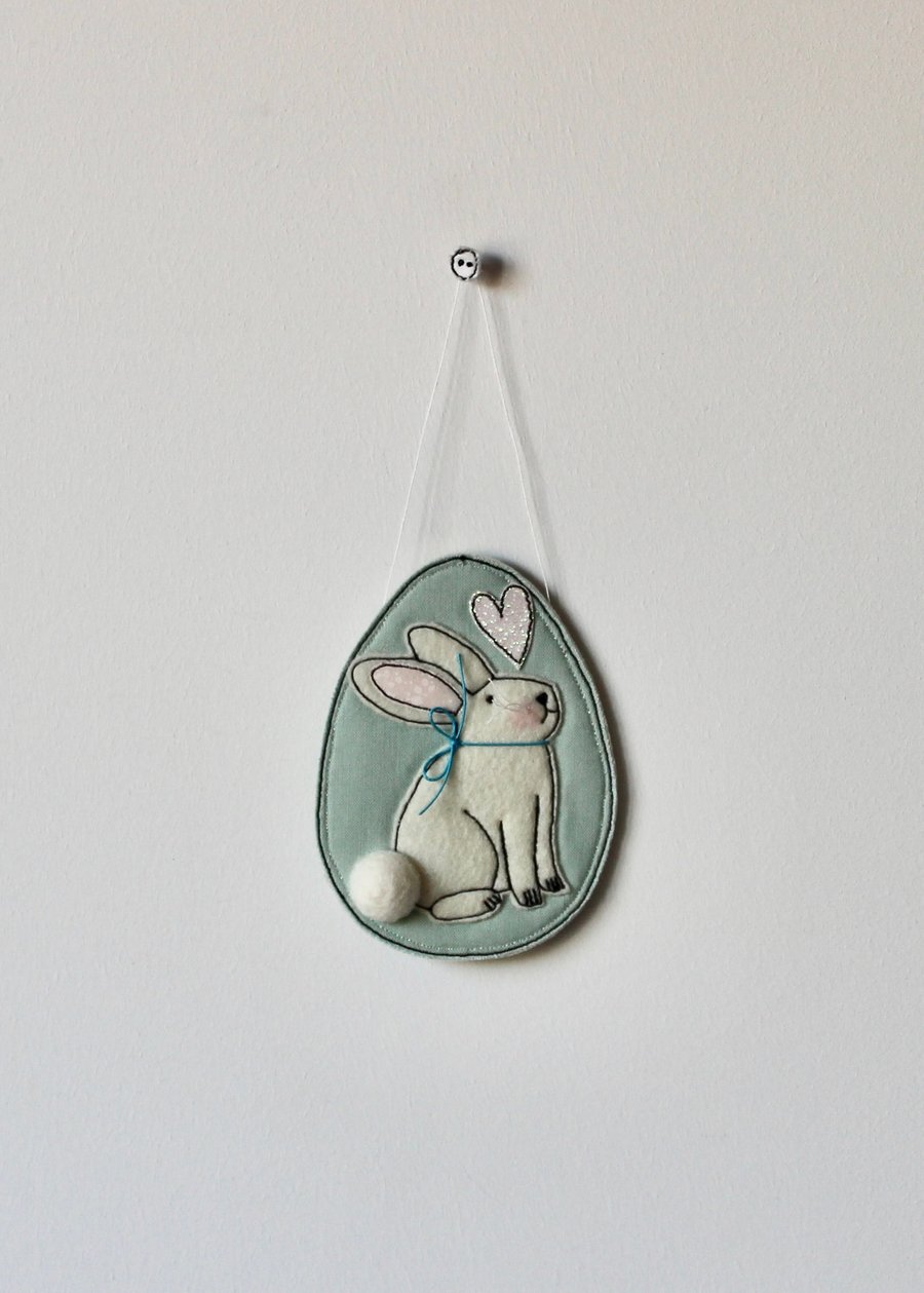 'Bunny on a Pale Green Egg with a White Glitter Heart 2' - Hanging Decoration