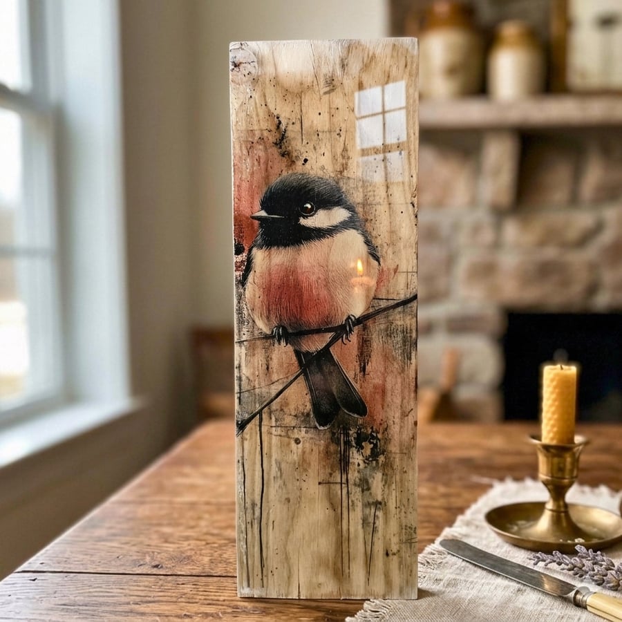 Blue Tit Wall Art, Garden Bird Decor, Vintage Nature Sign, Photo Transfer Art