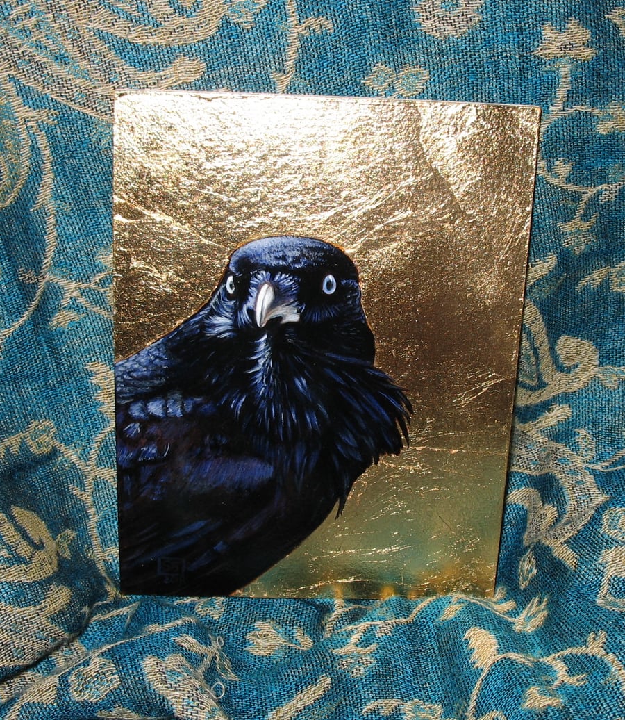 Raven oil painting on gold leaf