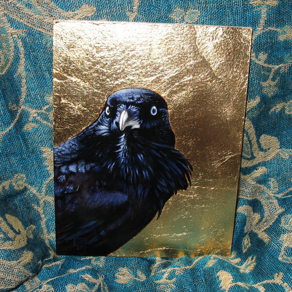 Raven oil painting on gold leaf