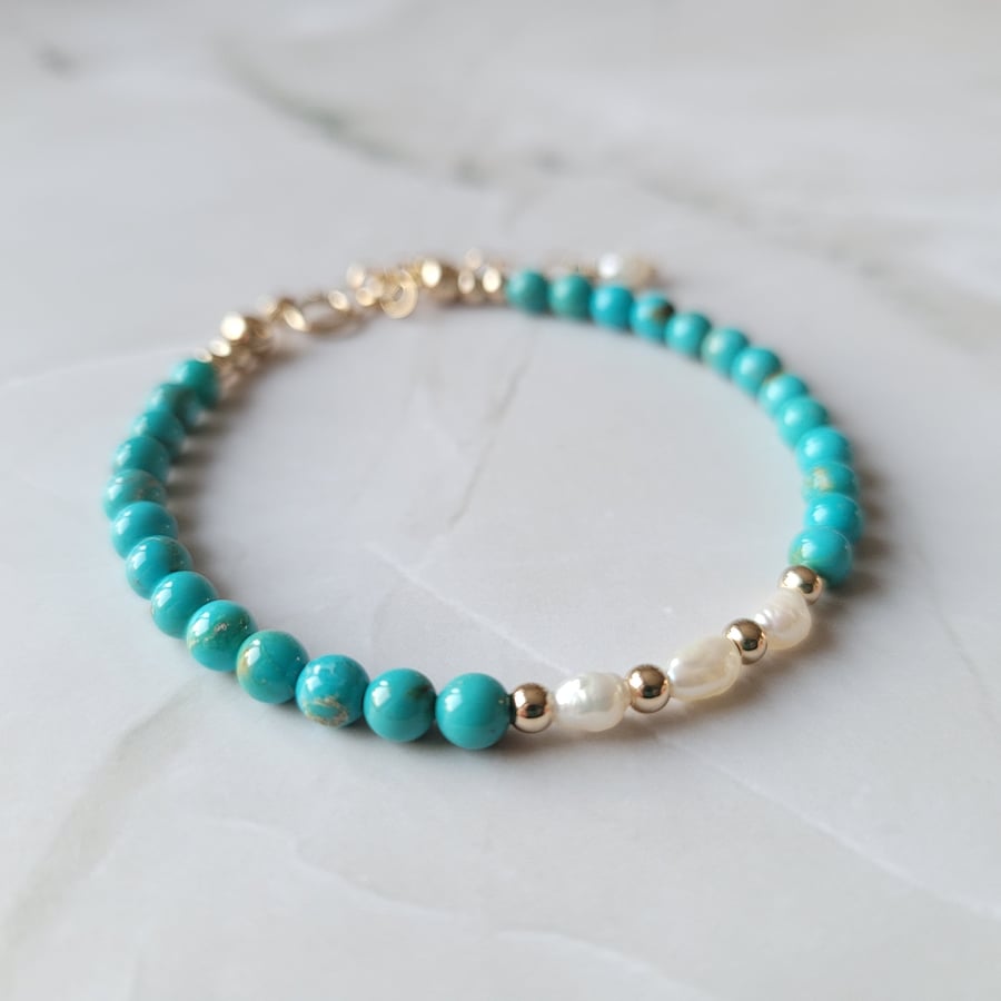 Turquoise and Pearl Bracelet 14kt Gold Filled