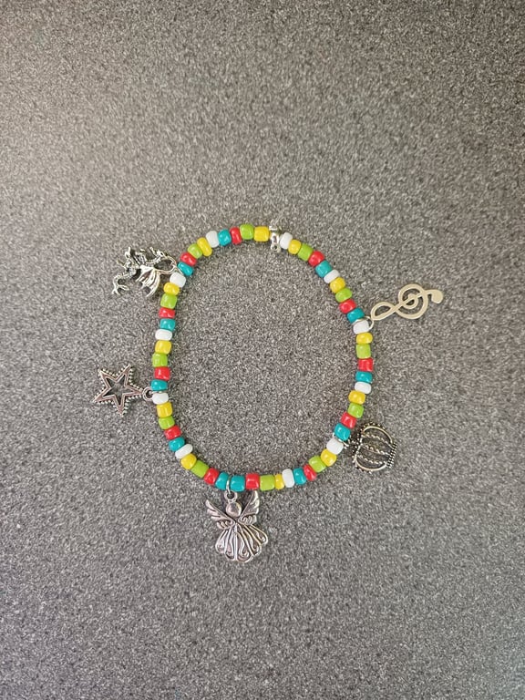 Colourful pretty silver charm bracelet, seed beaded charm bracelet, charms 