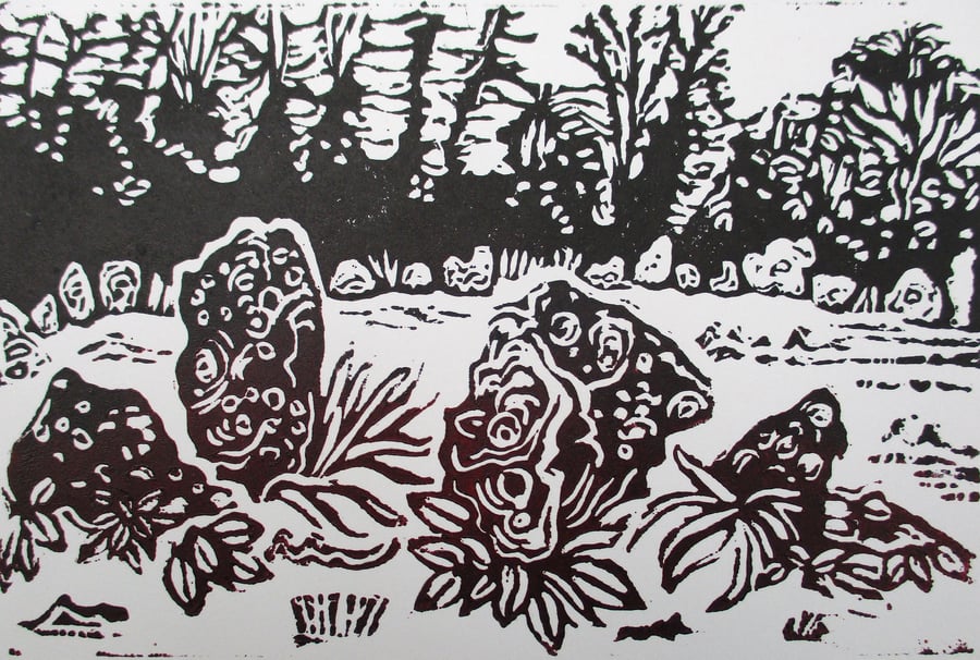 Rollright Stones, Cotswolds Original Hand Pressed Linocut Print Ltd Edition