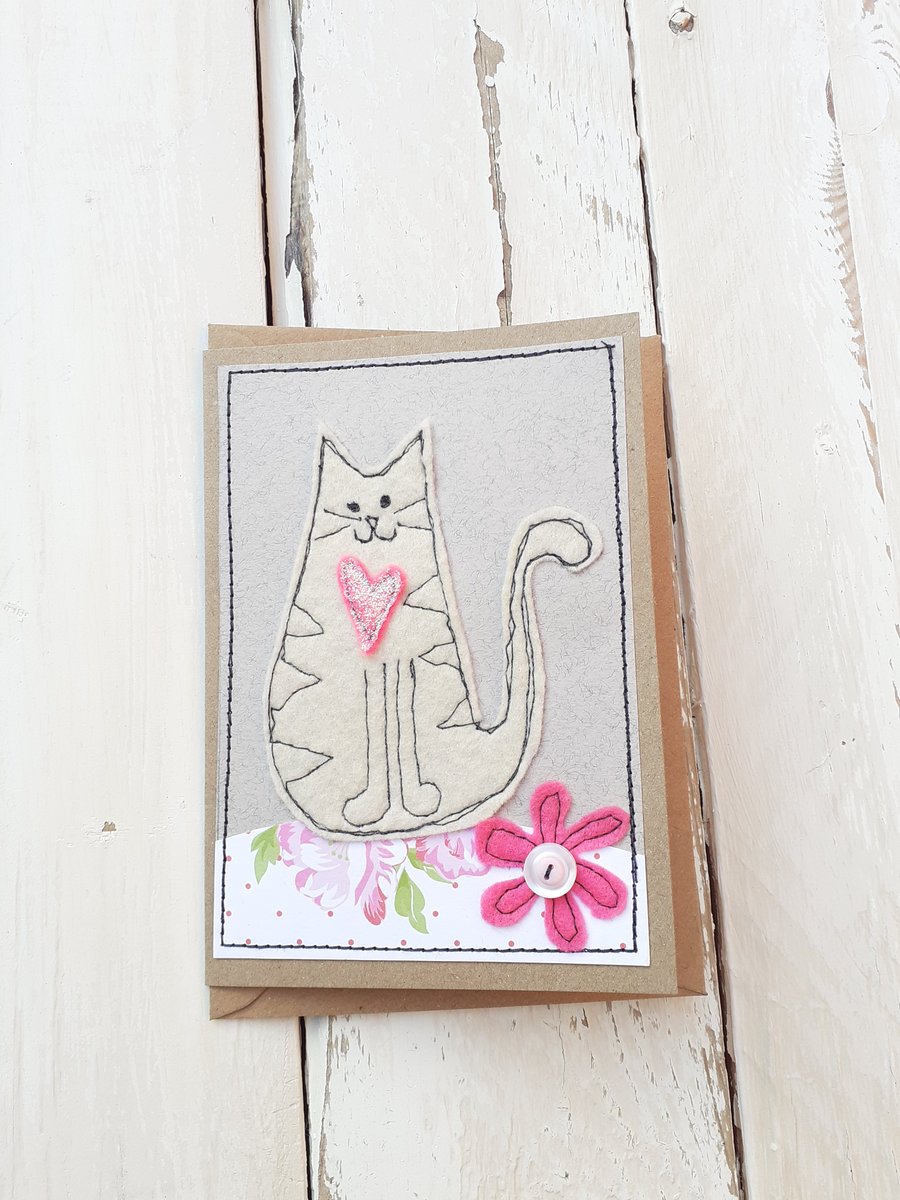 Greeting Card Original Stitched Fabric Card Pretty Cat Blank Birthday