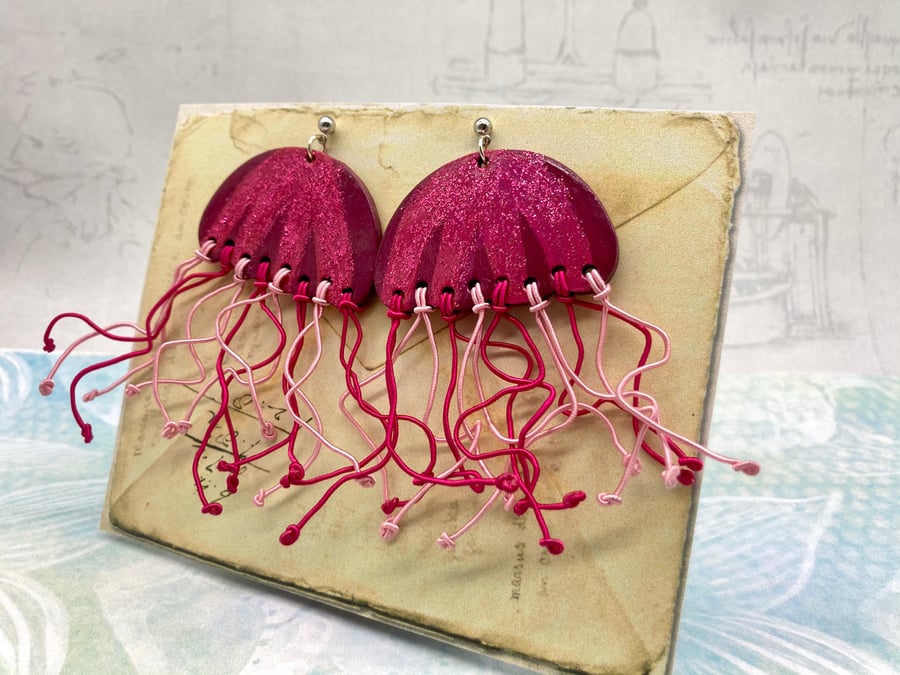 Pink jellyfish large statement wooden stud drop earrings