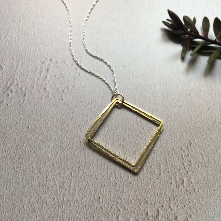 Brass Double Square Pendant, brass jewellery, brass geometric necklace, geometri