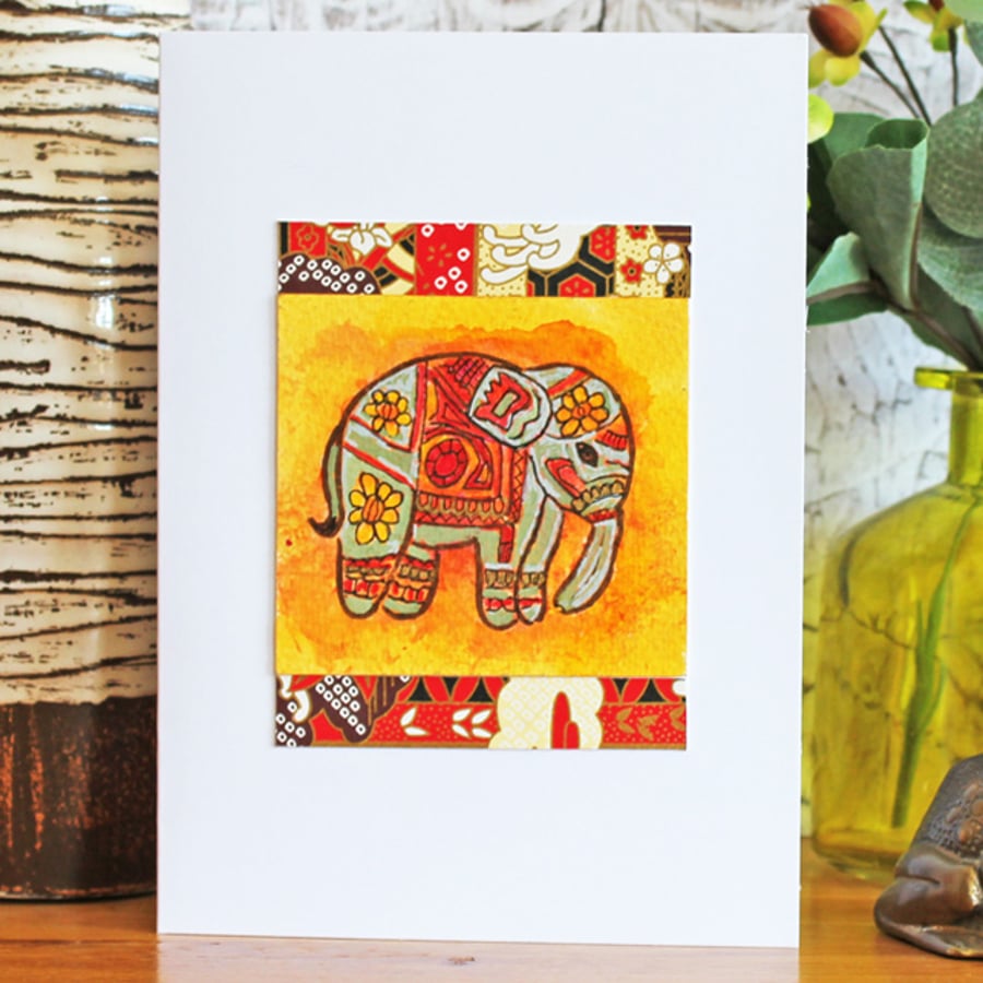 Handmade card. Indian elephant in yellow and scarlet.