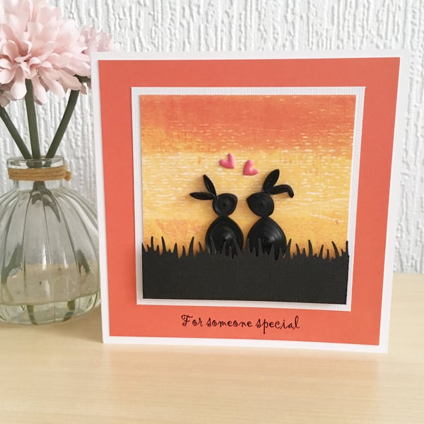 Valentine’s Day card, Anniversary, Birthday - quilled rabbits