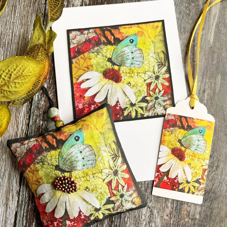 Handmade lavender bag with matching card and tag, butterfly lover