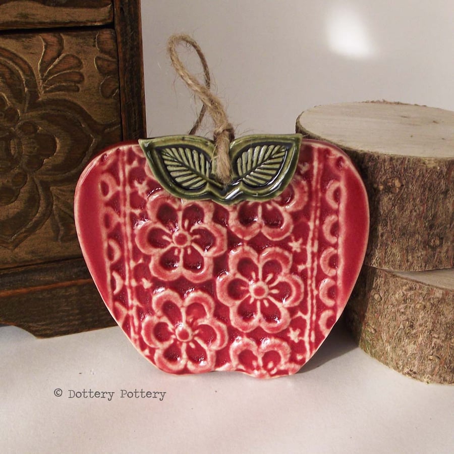 Pottery apple Flower print red apple ceramic decoration Thank You teacher gift