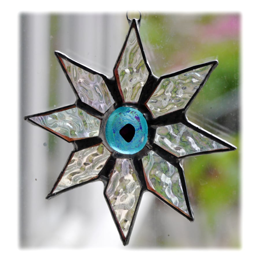 Shiny Star Suncatcher Stained Glass Dichroic Turquoise Handmade 003