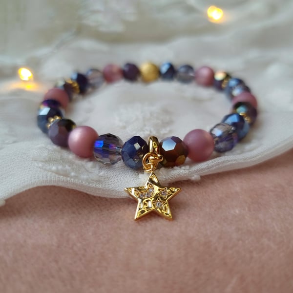 Pave Star Stretch Charm Bracelet - Purple Jewel Mix - Christmas Collection