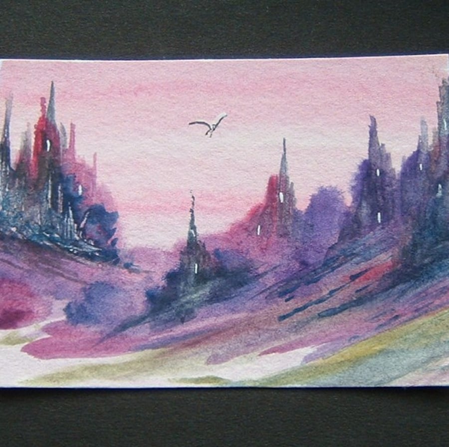 fantasy art painting castles purple aceo SFA landscape ref 20
