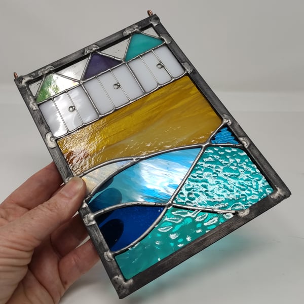 SOLD Three beach huts stained glass seaside copperfoil and lead panel.