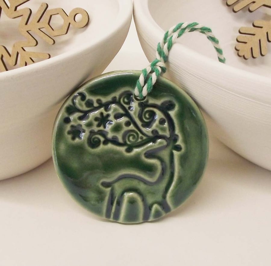 Small green ceramic stag decoration pottery stag Christmas decoration