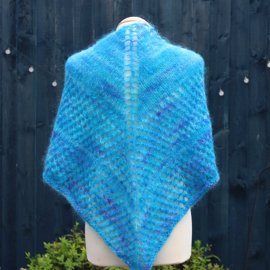 Hand knit triangular shawl in hand dyed bright blue Mohair - design A2