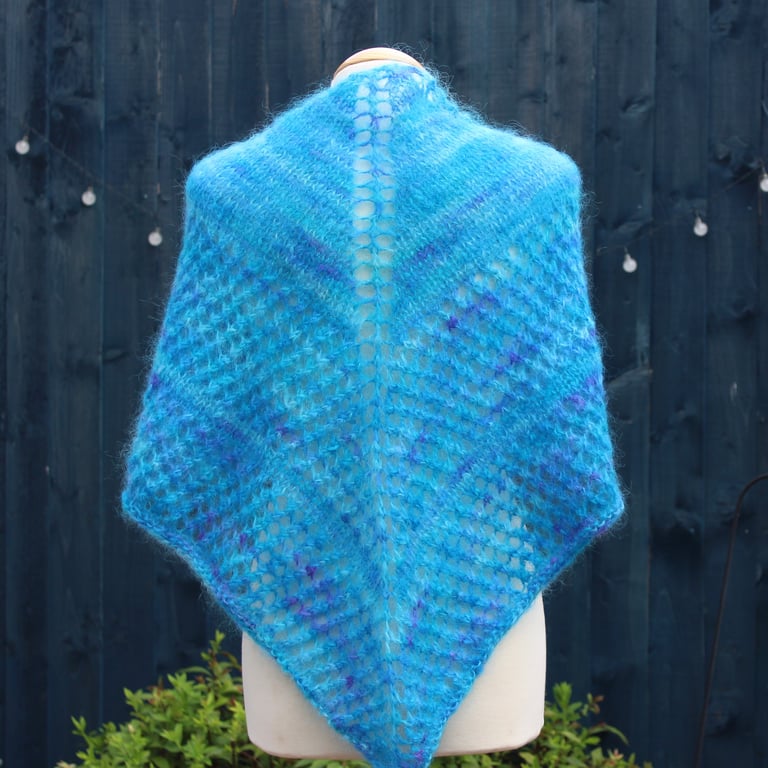 Hand knit triangular shawl in hand dyed bright blue Mohair - design A2