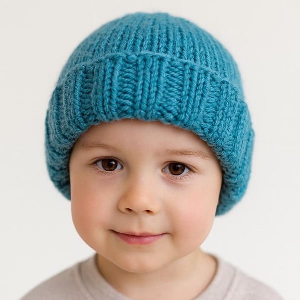 Hand knitted children's girls or boys storm blue winter hat