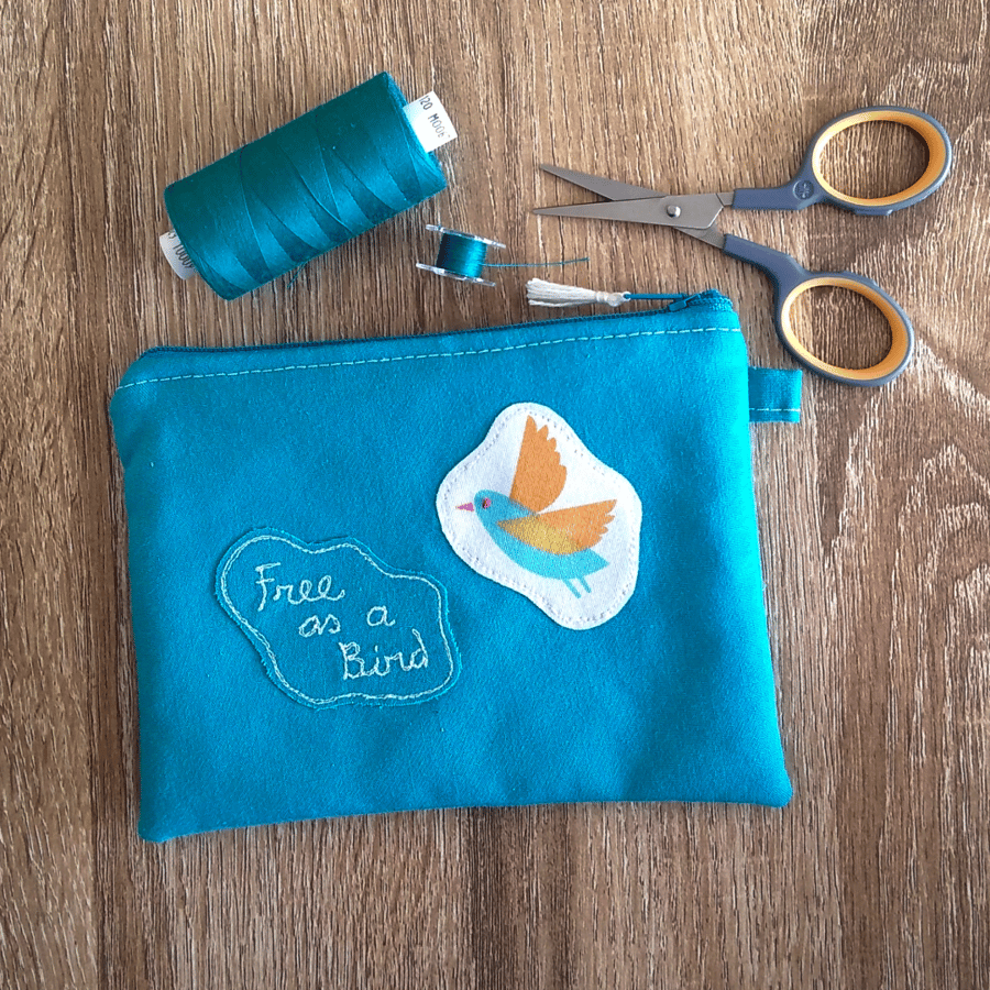 Teal ‘Free as a Bird’, small, zipped pouch, bird lover gift, POSTAGE INCLUDED,