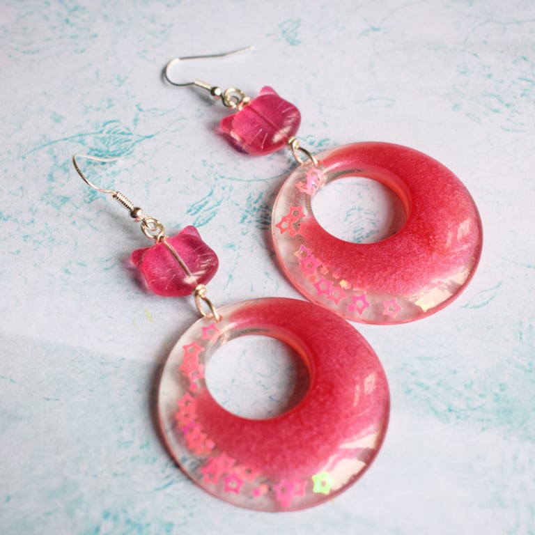 Pink Cat and Hoop Retro Style Dangly Earrings