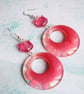 Pink Cat and Hoop Retro Style Dangly Earrings