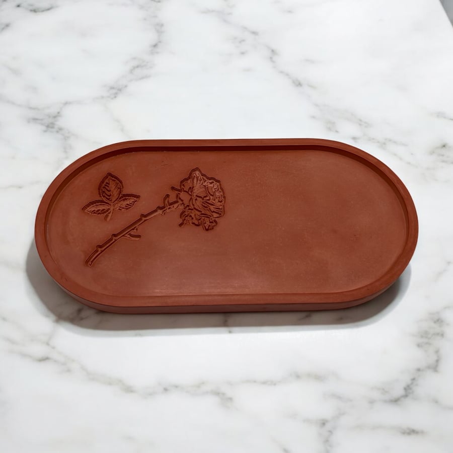 Terracotta Coloured Large Oval Catchall Tray With Botanical Imprints 