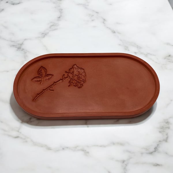 Terracotta Coloured Large Oval Catchall Tray With Botanical Imprints 