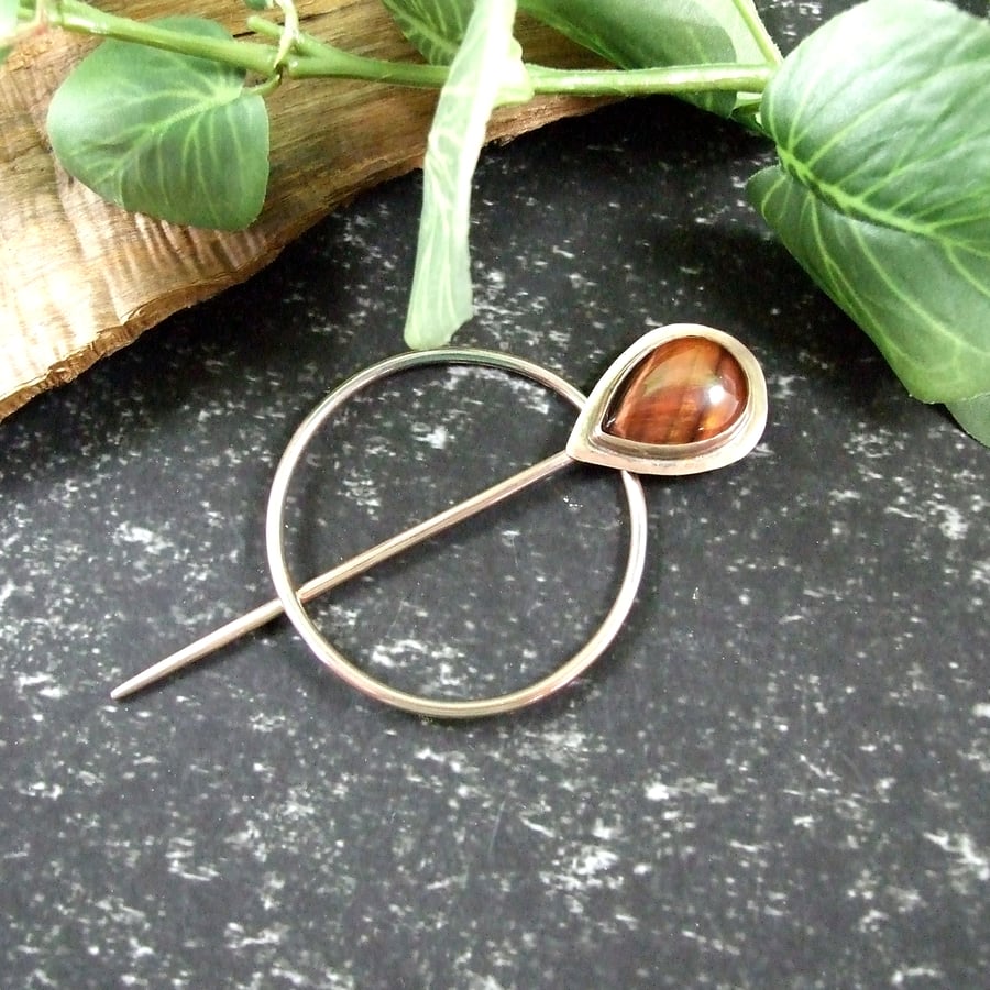 Shawl Pin, Copper with Red Tiger's Eye Cabachon for Scarf, Shawl or Wrap