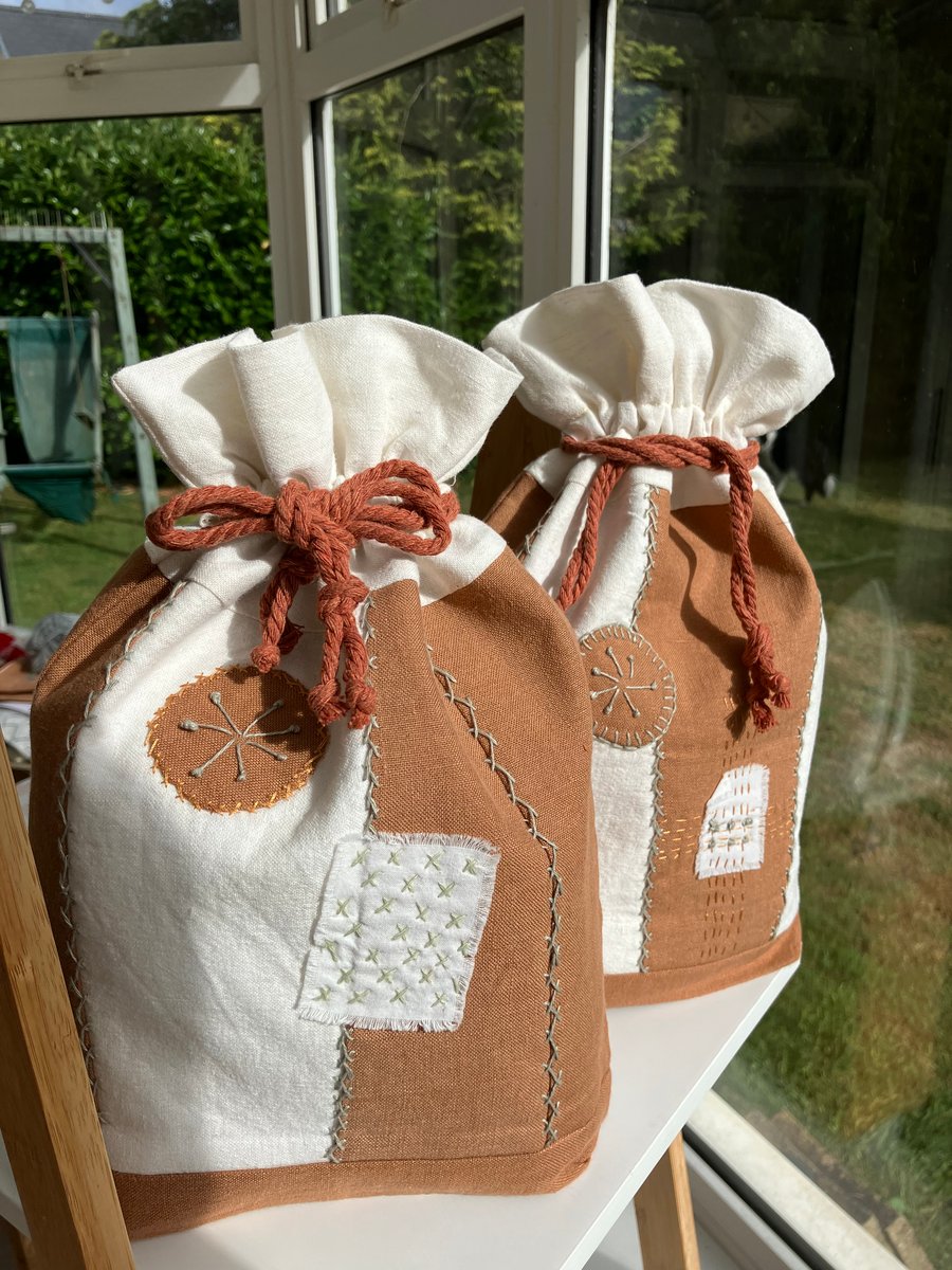 Upcycled linen fabric lined drawstring project forever gift bag