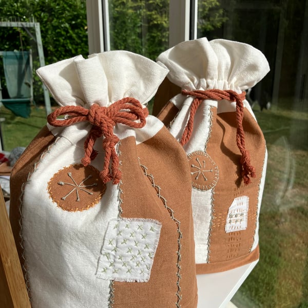Upcycled linen fabric lined drawstring project forever gift bag