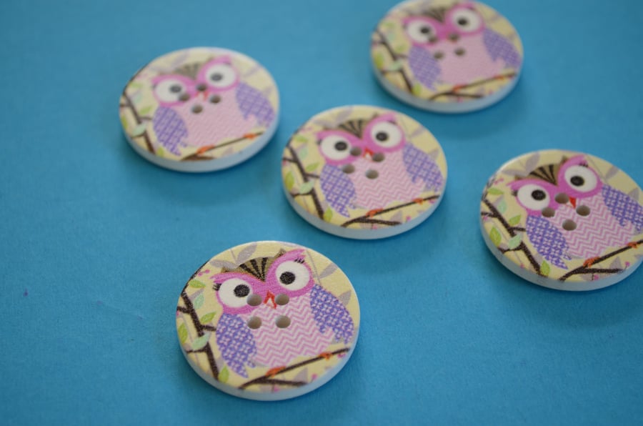 30mm Wooden Owl Buttons Purple Pink Green Pink 5pk Bird (LOW1)
