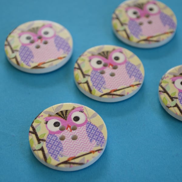 30mm Wooden Owl Buttons Purple Pink Green Pink 5pk Bird (LOW1)