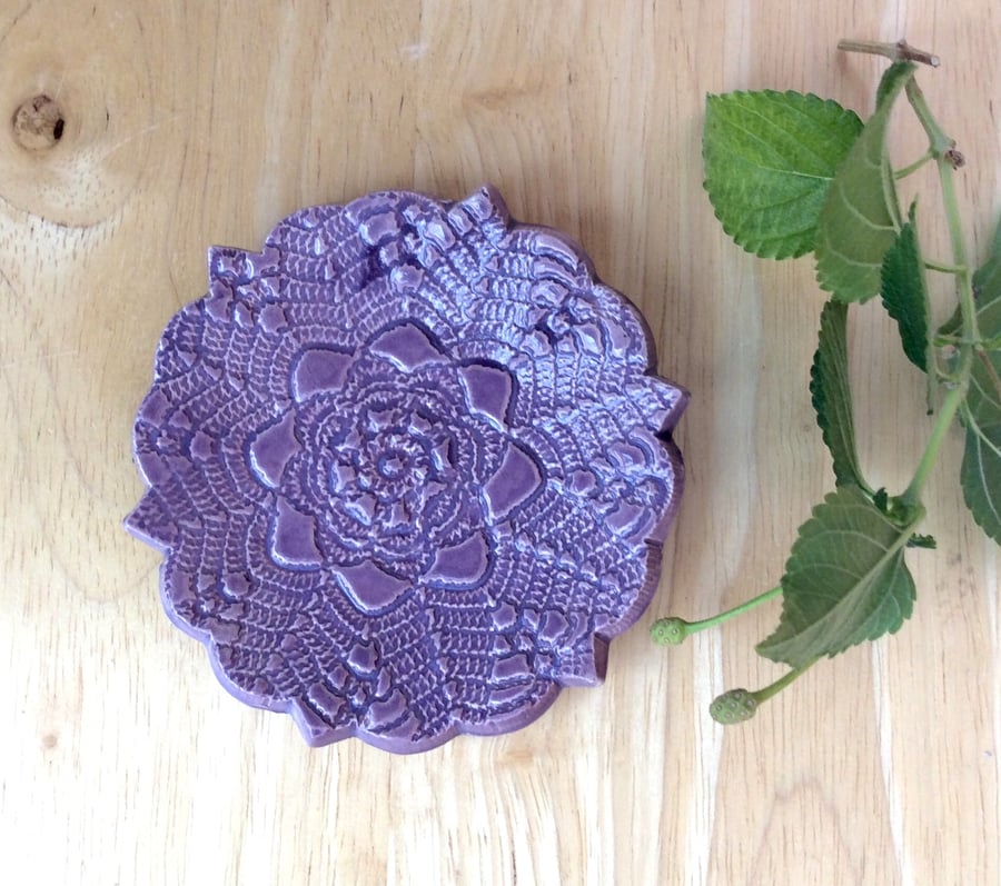 Purple ring dish, green ceramic tealight holder, pink ring holder with lace