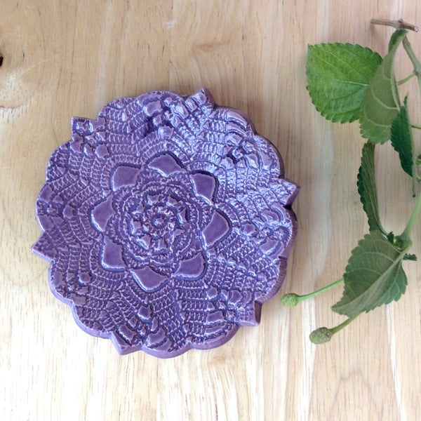 Purple ring dish, green ceramic tealight holder, pink ring holder with lace