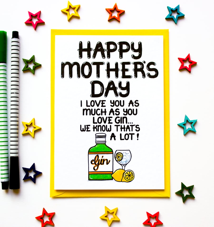 Funny Gin Mothers Day Card for Mum From Adult Daughter, Son