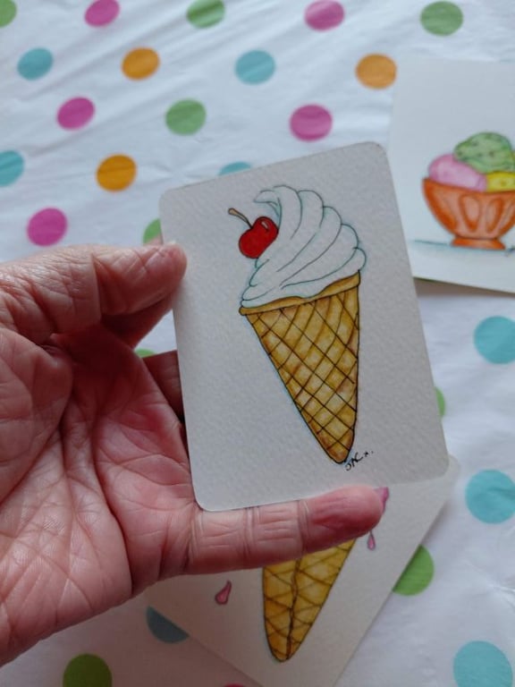 Cherry On Top - Ice Cream Cone - Original ACEO art