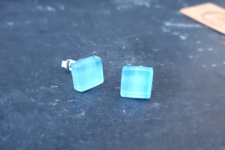 Turquoise Glass square stud earrings. Turquoise Blue. Recycled Glass. Hypoallerg