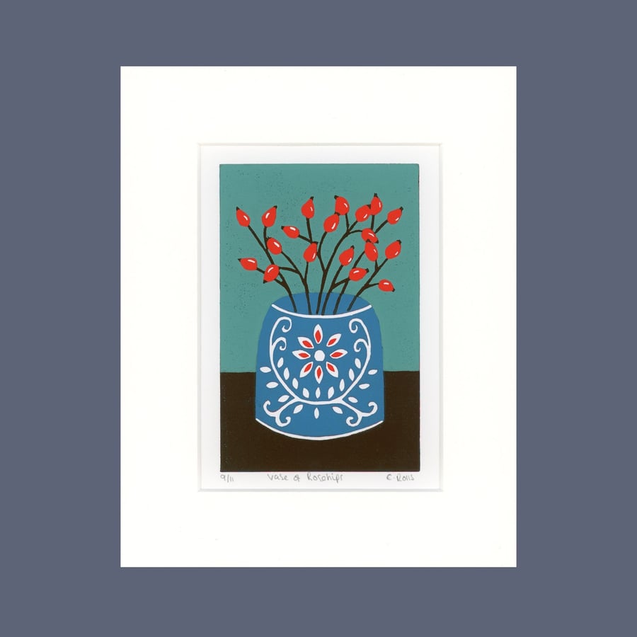 Lino Print, Rosehips Print, Seedhead Print, Hand Printed 