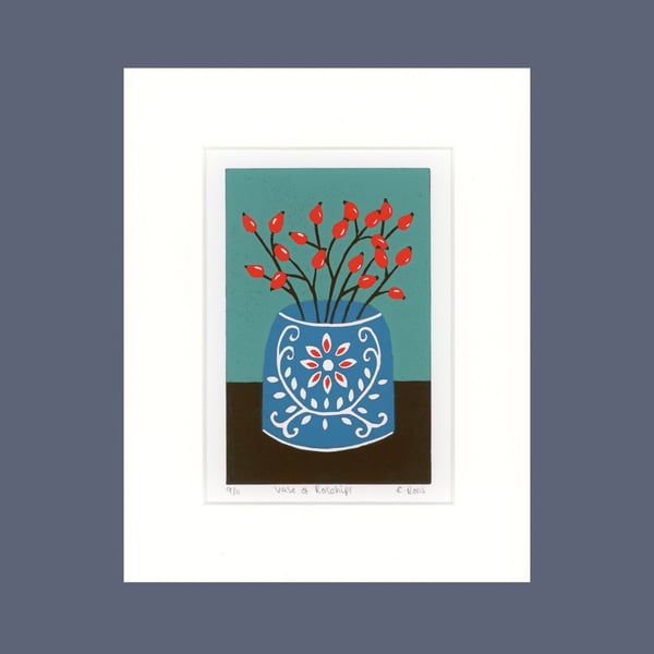 Lino Print, Rosehips Print, Seedhead Print, Hand Printed 