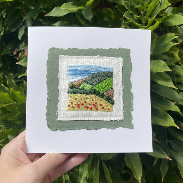 Poppy field landscape hand embroidered 'mini art' keepsake card
