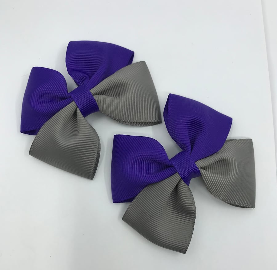 Purple and Grey Two Tone Double with Bows on Clips (pair)