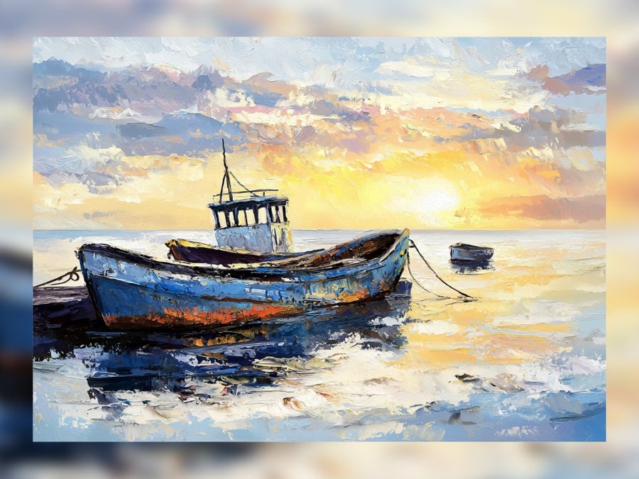 Sunset Boat, Serene Oil Painting of a Weathered Fishing Vessel 5"x7" Matte Print