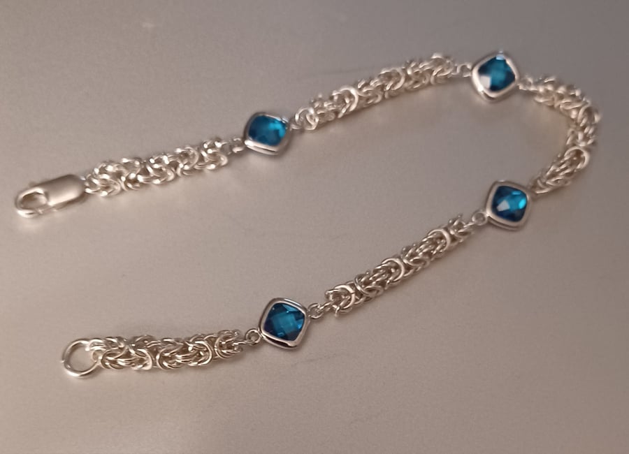 Byzantine chainmaille and blue cubic zirconia bracelet