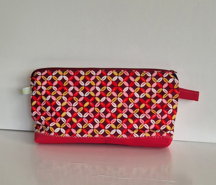 Patterned Cosmetic Bag with red Canvas base - Toiletry Pouch - Big Pencil Case