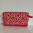 Patterned Cosmetic Bag with red Canvas base - Toiletry Pouch - Big Pencil Case