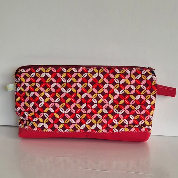 Patterned Cosmetic Bag with red Canvas base - Toiletry Pouch - Big Pencil Case