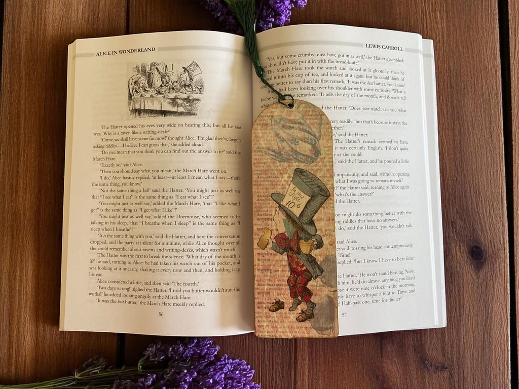 Bookmark, wooden decoupage bookmark, mad hatter